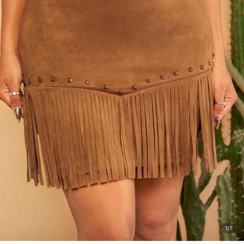 SHEIN Tan Fringe Mini Skirt